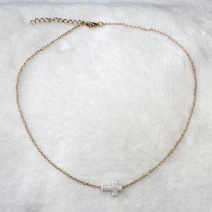 New Gold Chain Pearlized White Sideways Delicate Mini Religious Cross Ne…